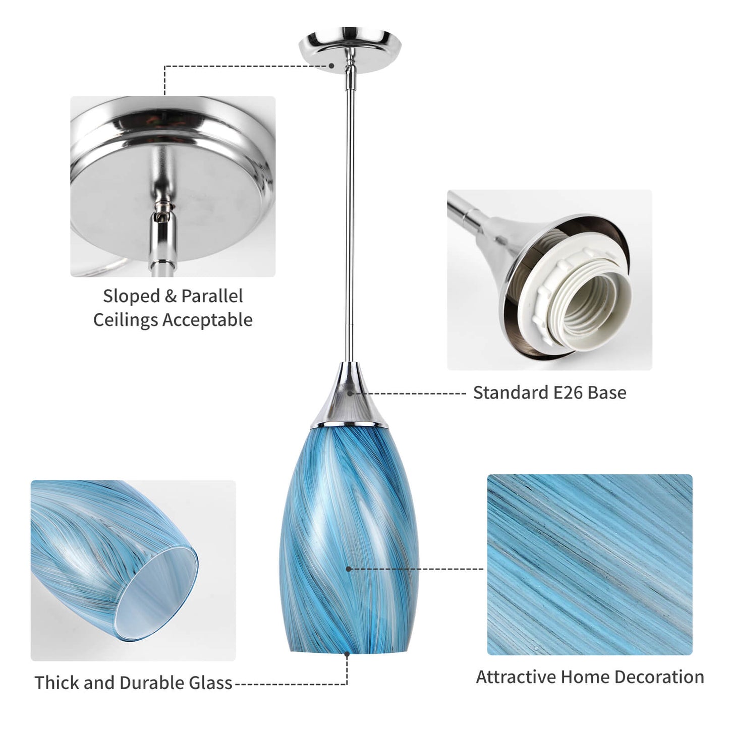 Porseme Pendant Light Features Kitchen Island Hanging Lamp with Plug-in Adjustable Rod Handcraft Art Glass Shade E26 Socket for Home Kitchen Sink Counter Make-up Table (Light Blue)