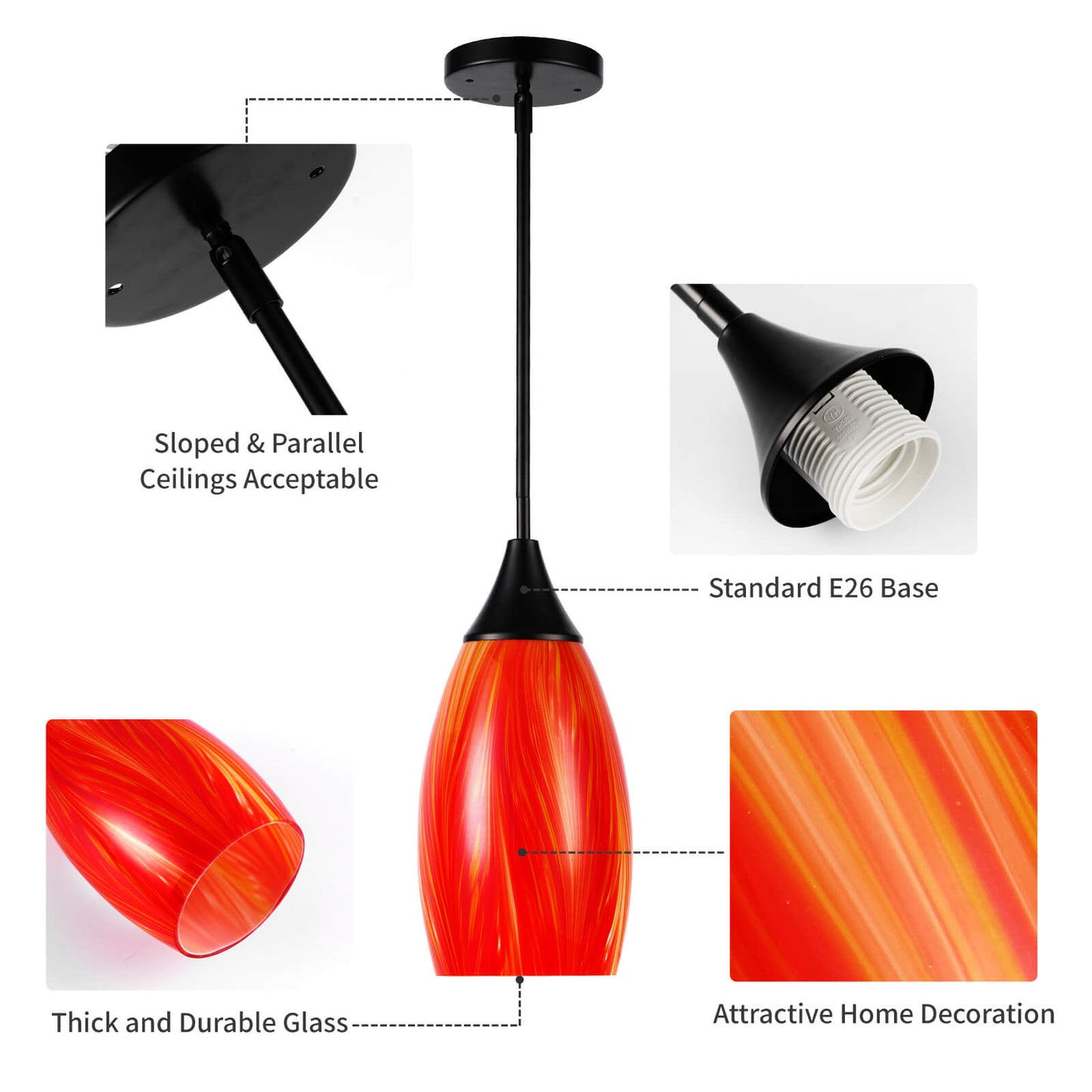 Porseme Pendant Light Features Kitchen Island Hanging Lamp with Plug-in Adjustable Black Rod Handcraft Art Glass Shade E26 Socket for Home Kitchen Sink Counter Make-up Table (Red)