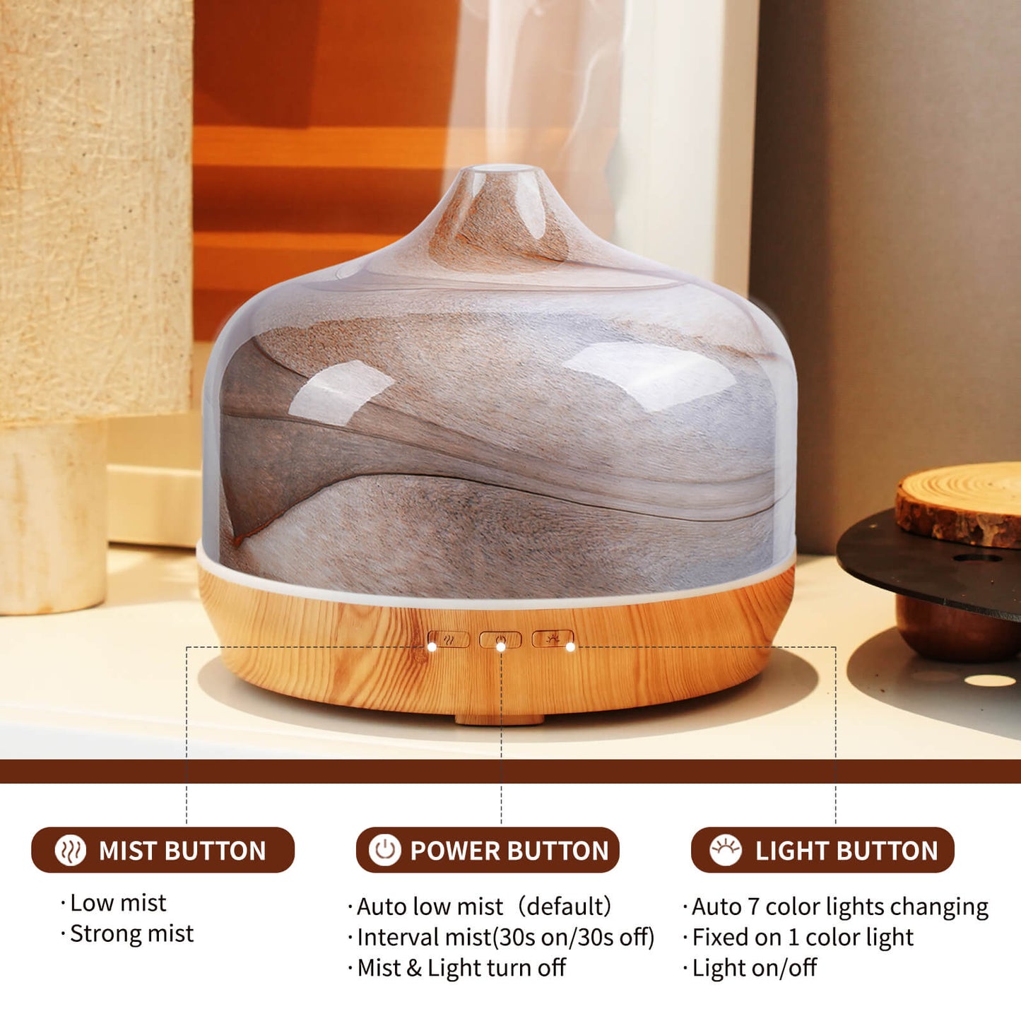 Porseme 500ml Glass Essential Oil Diffuser Aromatherapy Ultrasonic Cool Mist Humidifier 15-21 Running Hours Waterless Auto-Off Air Diffusers for Sleeping,Yoga,Office Working,Spa and Rest (Desert)