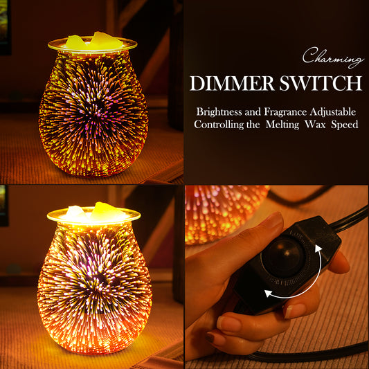 Porseme Rose Gold Electric Wax Warmer 3D Glass Firework Effect Candle Wax Melter Fragrance Oil Warmer with Dimmer Option Scented Wax Burner for Home Office Bedroom Living Room Gifts&Decor