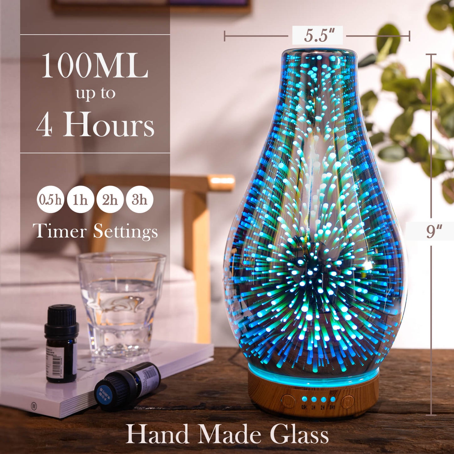 Essential Oil Diffuser 3D Glass Aromatherapy Ultrasonic Humidifier Cool Mist, Auto Shut-Off,Timer Setting, BPA Free for Home Office Hotel Yoga Gym Leisure SPA Gift 100ml