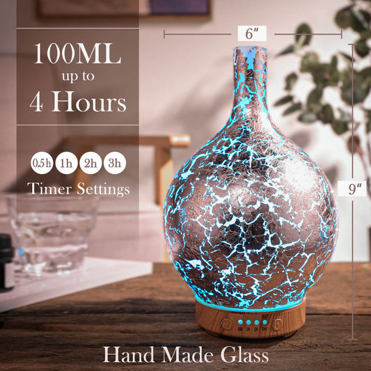 Porseme Silver Plated Essential Oil Diffuser Glass Aromatherapy Ultrasonic Humidifier Cool Mist, Auto Shut-Off,Timer Setting, BPA Free for Home Hotel Yoga Leisure SPA Office Premium Gift 100ml