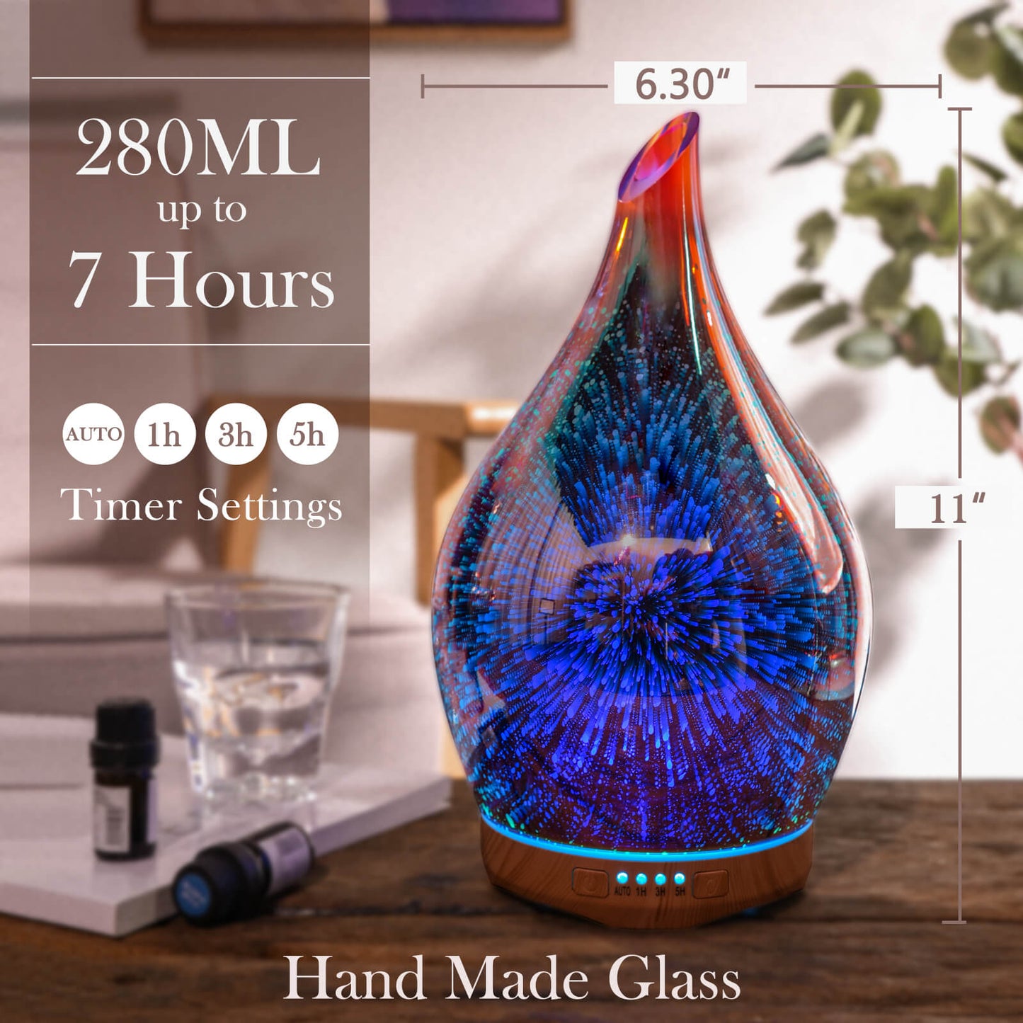 Porseme 280ml Essential Oil Diffuser 3D Hand-Blown Glass Aroma Diffusor, Aromatherapy Unltrasonic Cool Mist deffuser, 7 Color Changing Humidifier, Waterless Shut-Off, Timer Function for Home Office