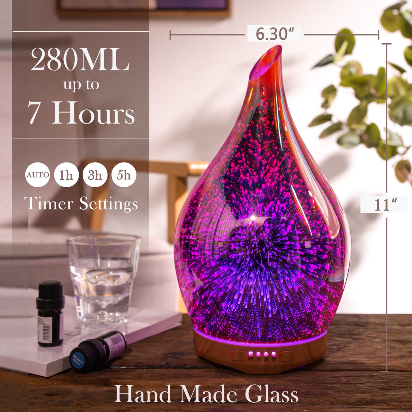 Porseme 280ml Essential Oil Diffuser, 3D Glass Aromatherapy Diffusor, Ultrasonic Cool Mist BPA Free Aroma Humidifier with Timer and Color Changing Function, Waterless Shut-Off for Home Office Room