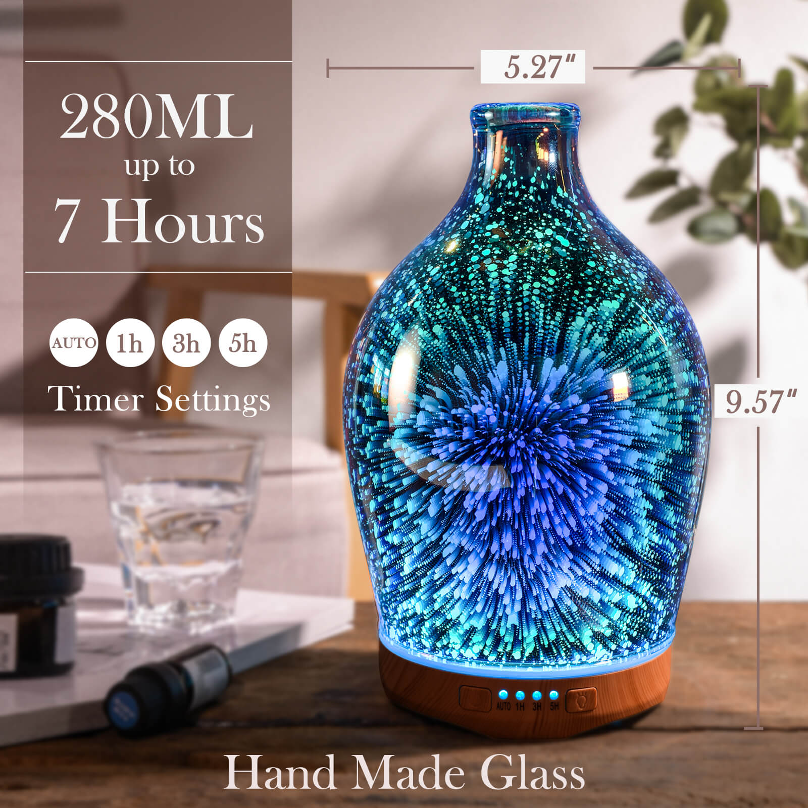 Porseme 280ml Essential Oil Diffuser, 3D Glass Aromatherapy Diffusor,  Ultrasonic Cool Mist BPA Free Aroma Humidifier with Timer and Color  Changing
