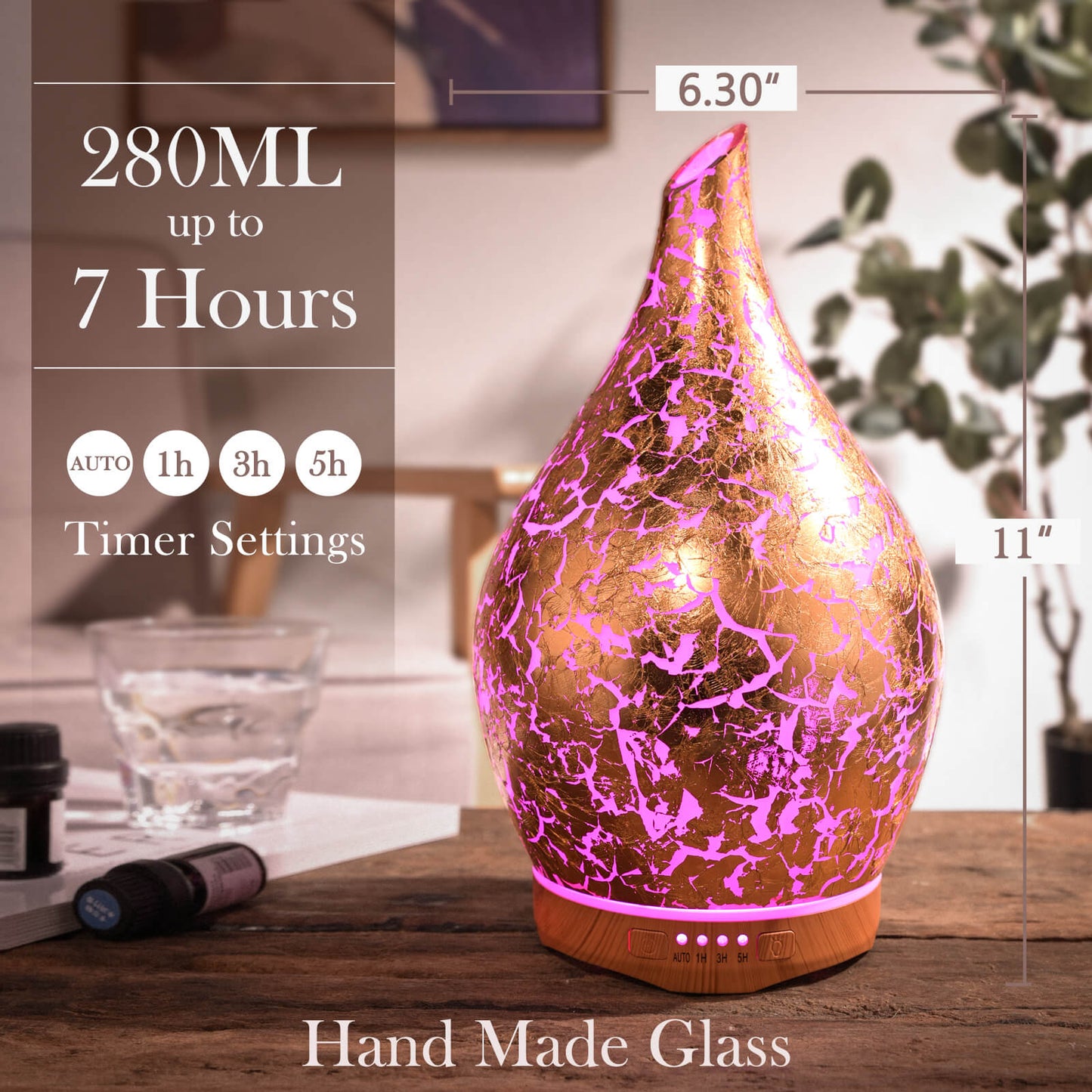 280ml Gold Plated Essential Oil Diffuser Glass Aromatherapy Ultrasonic Humidifier - Auto Shut-Off,Timer Setting, BPA Free for Home Hotel Yoga Leisure SPA Gift