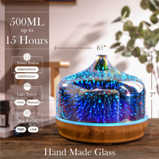 500ml Essential Oil Diffuser 3D Glass Aromatherapy Ultrasonic Humidifier - Auto Shut-Off,Timer Setting, BPA Free for Home Hotel Yoga SPA Gift