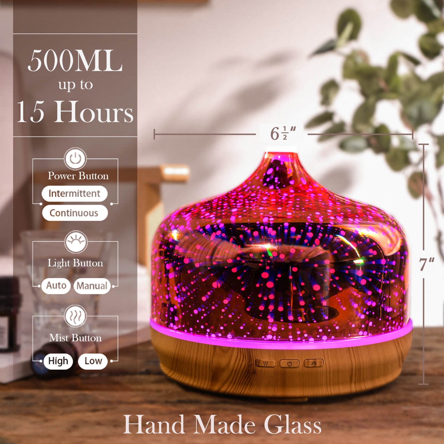 500ml Essential Oil Diffuser 3D Glass Aromatherapy Ultrasonic Humidifier-Auto Shut-Off,Timer Setting, BPA Free for Home Hotel Yoga SPA Gift