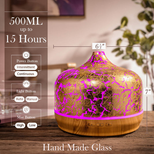 500ml Essential Oil Diffuser Gold Plated Glass Aromatherapy Ultrasonic Humidifier -Auto Shut-Off,Timer Setting, BPA Free for Home Hotel Yoga SPA Gift