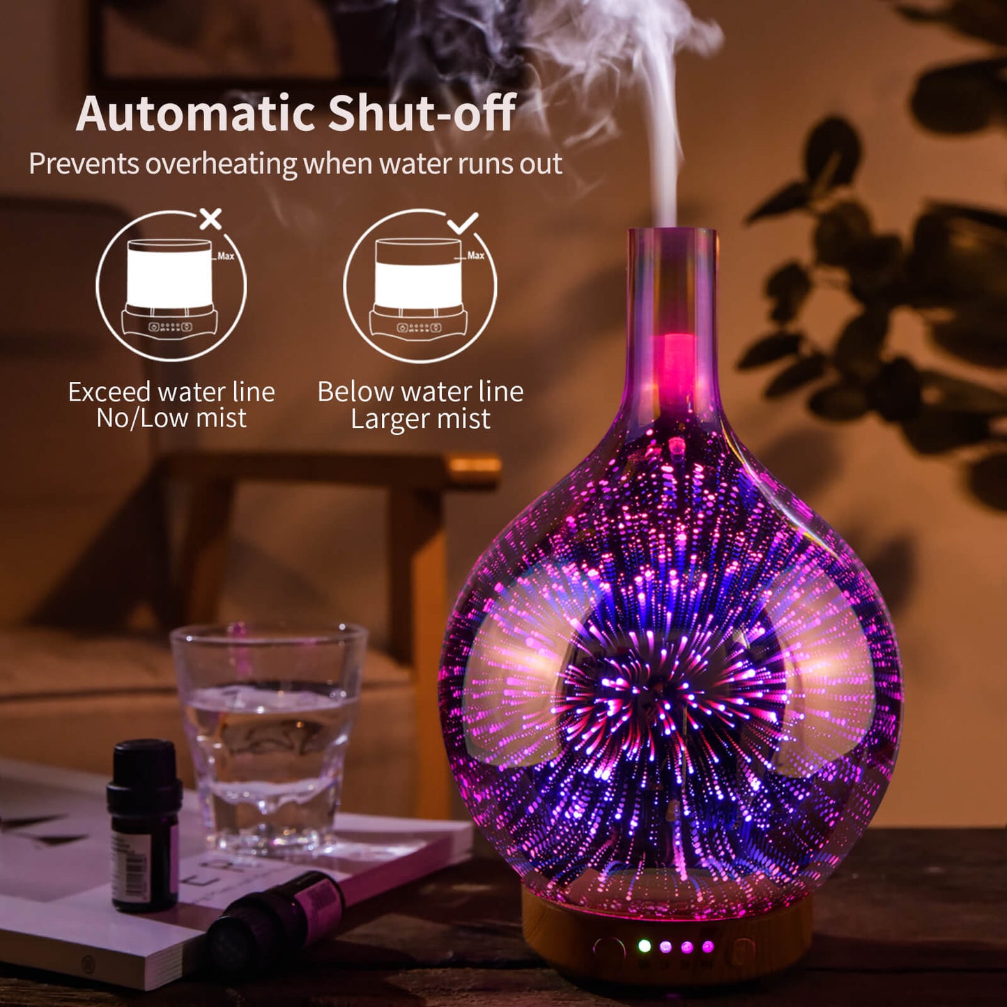 Rose Gold Essential Oil Diffuser 3D Glass Aromatherapy Ultrasonic Humidifier,Waterless Auto-Off,Timer Setting, BPA Free,Air Refresh for Home Hotel Yoga Leisure SPA Gift 100ml