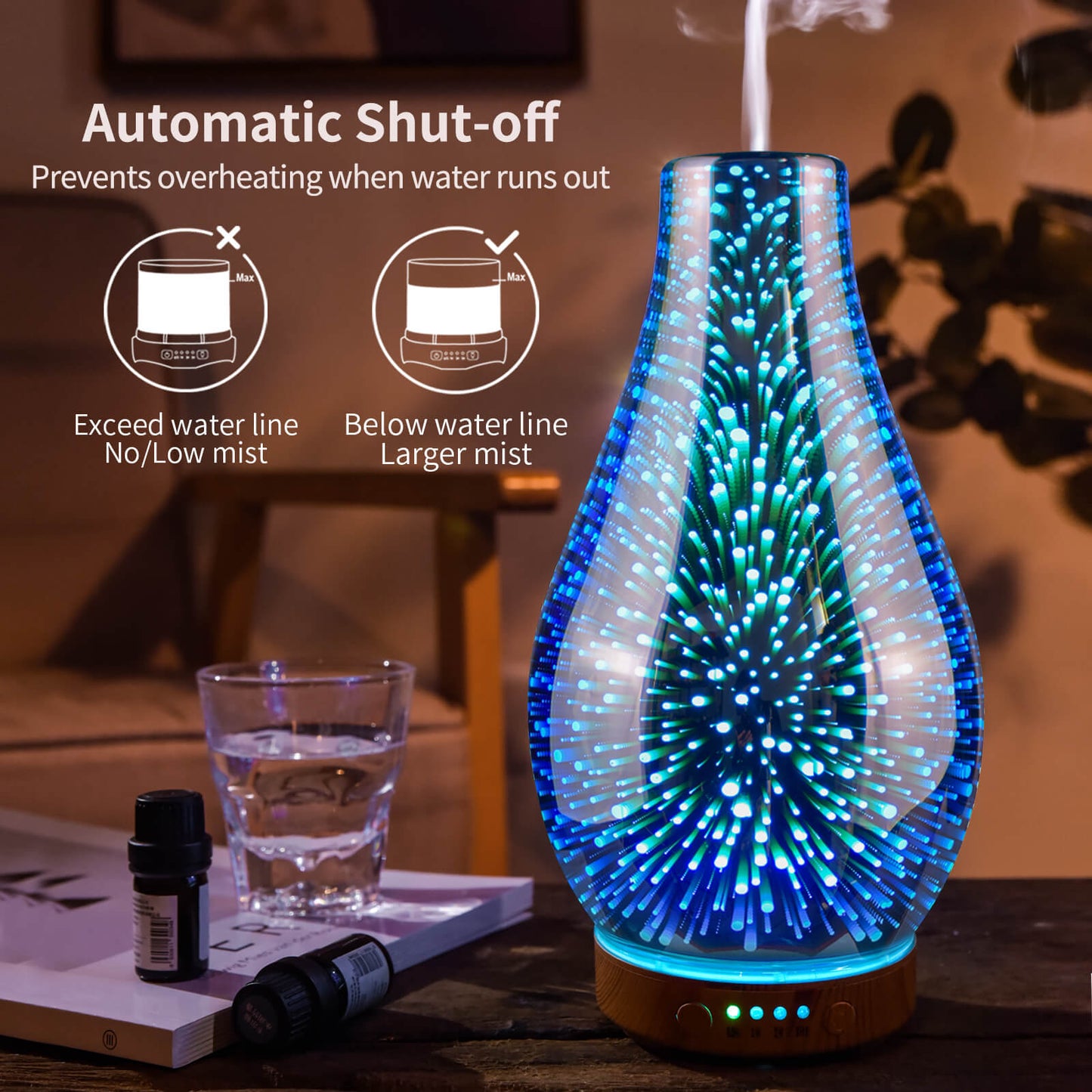 Essential Oil Diffuser 3D Glass Aromatherapy Ultrasonic Humidifier Cool Mist, Auto Shut-Off,Timer Setting, BPA Free for Home Office Hotel Yoga Gym Leisure SPA Gift 100ml