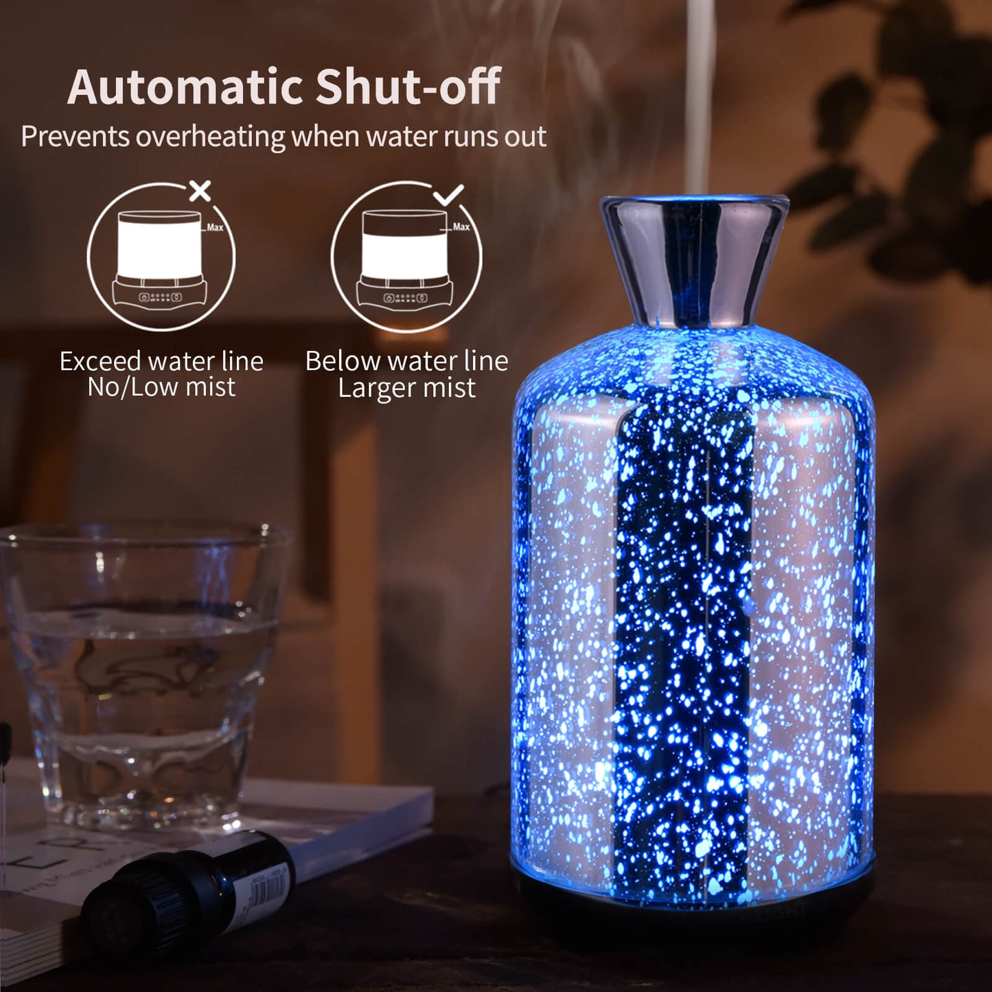Essential Oil Diffuser Glass Aromatherapy Ultrasonic Humidifier, Auto Shut-Off BPA Free, Aroma Decoration for Home,Office,Gym,Spa,Premium Gift 100ML