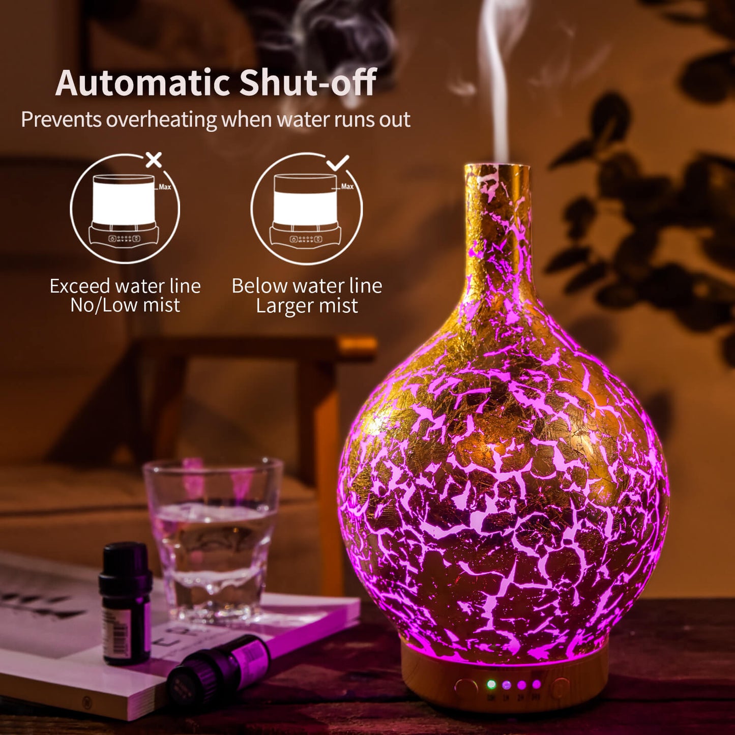 Porseme Gold Plated Essential Oil Diffuser Glass Aromatherapy Ultrasonic Humidifier, Auto Shut-Off,Timer Setting, BPA Free,Aroma Decoration for Home,Office,Gym,Spa,Premium Gift 100ml