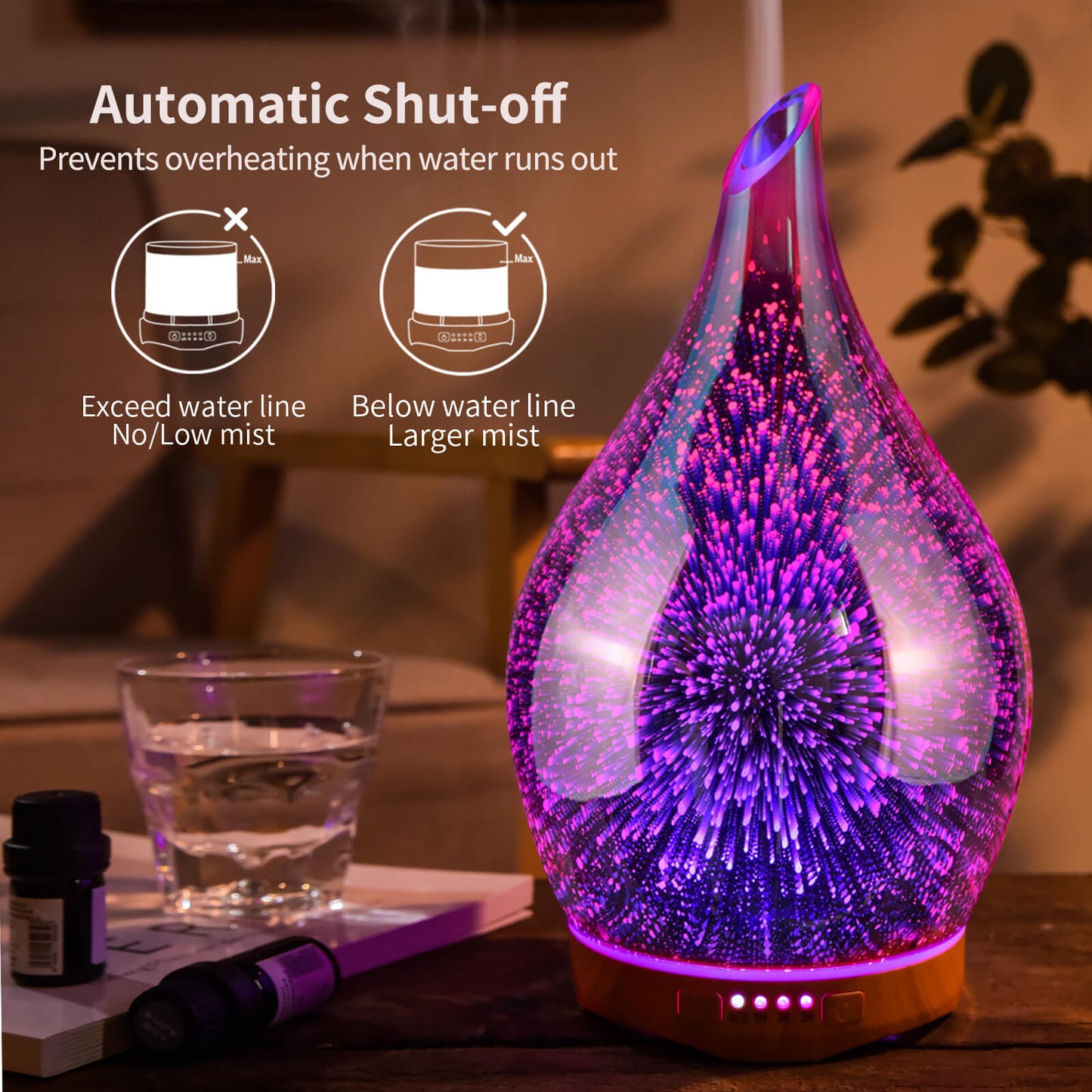 Porseme 280ml Essential Oil Diffuser, 3D Glass Aromatherapy Diffusor, Ultrasonic Cool Mist BPA Free Aroma Humidifier with Timer and Color Changing Function, Waterless Shut-Off for Home Office Room