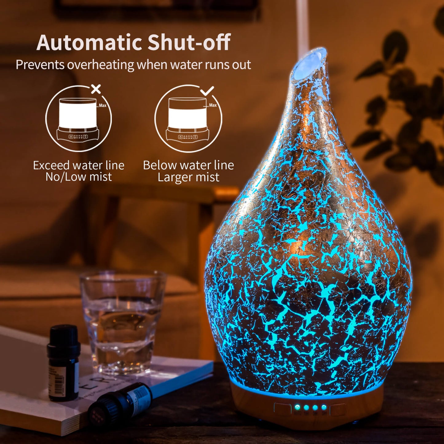 280ml Silver Plated Essential Oil Diffuser Glass Aromatherapy Ultrasonic Humidifier - Auto Shut-Off,Timer Setting, BPA Free for Home Yoga Leisure SPA Gift