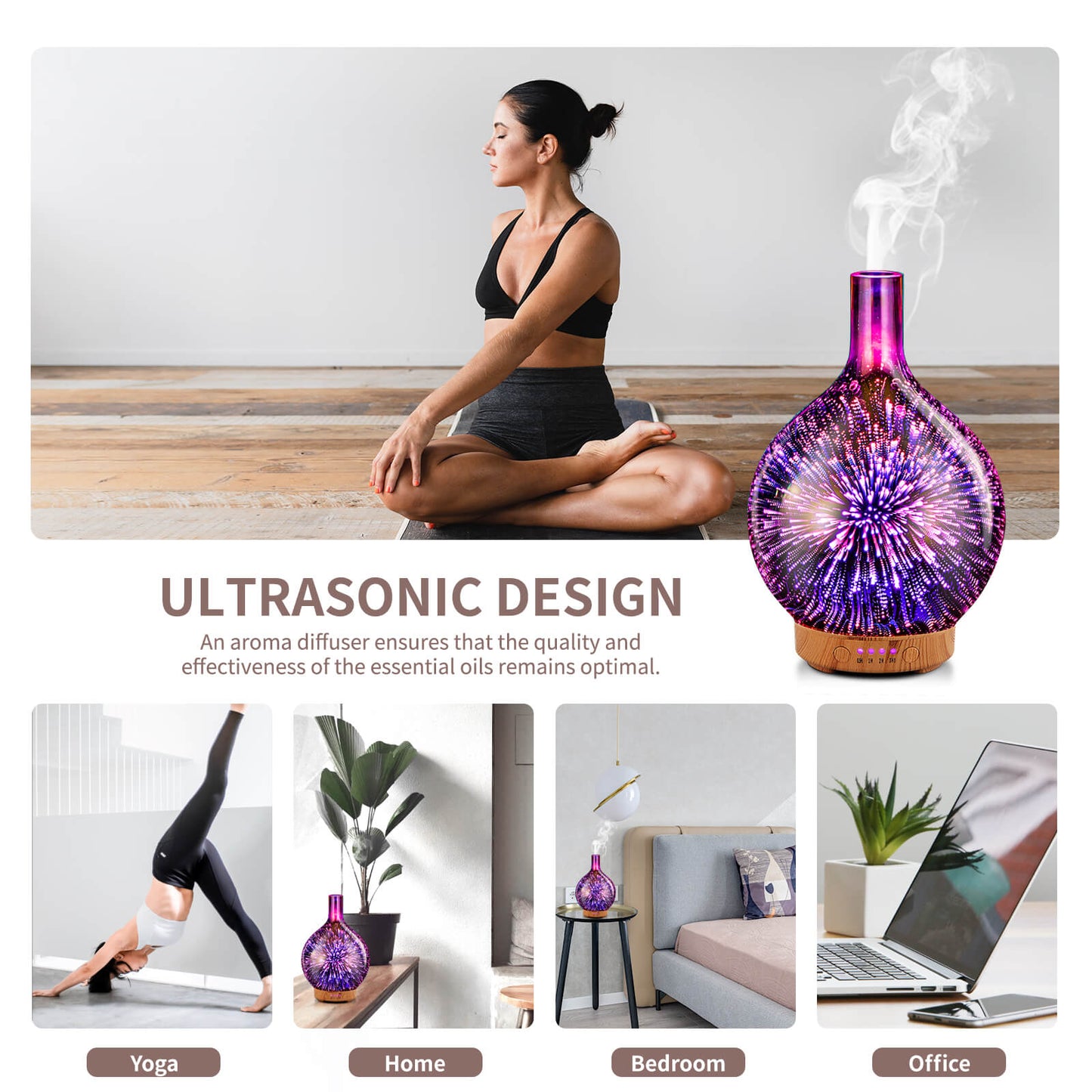 Rose Gold Essential Oil Diffuser 3D Glass Aromatherapy Ultrasonic Humidifier,Waterless Auto-Off,Timer Setting, BPA Free,Air Refresh for Home Hotel Yoga Leisure SPA Gift 100ml