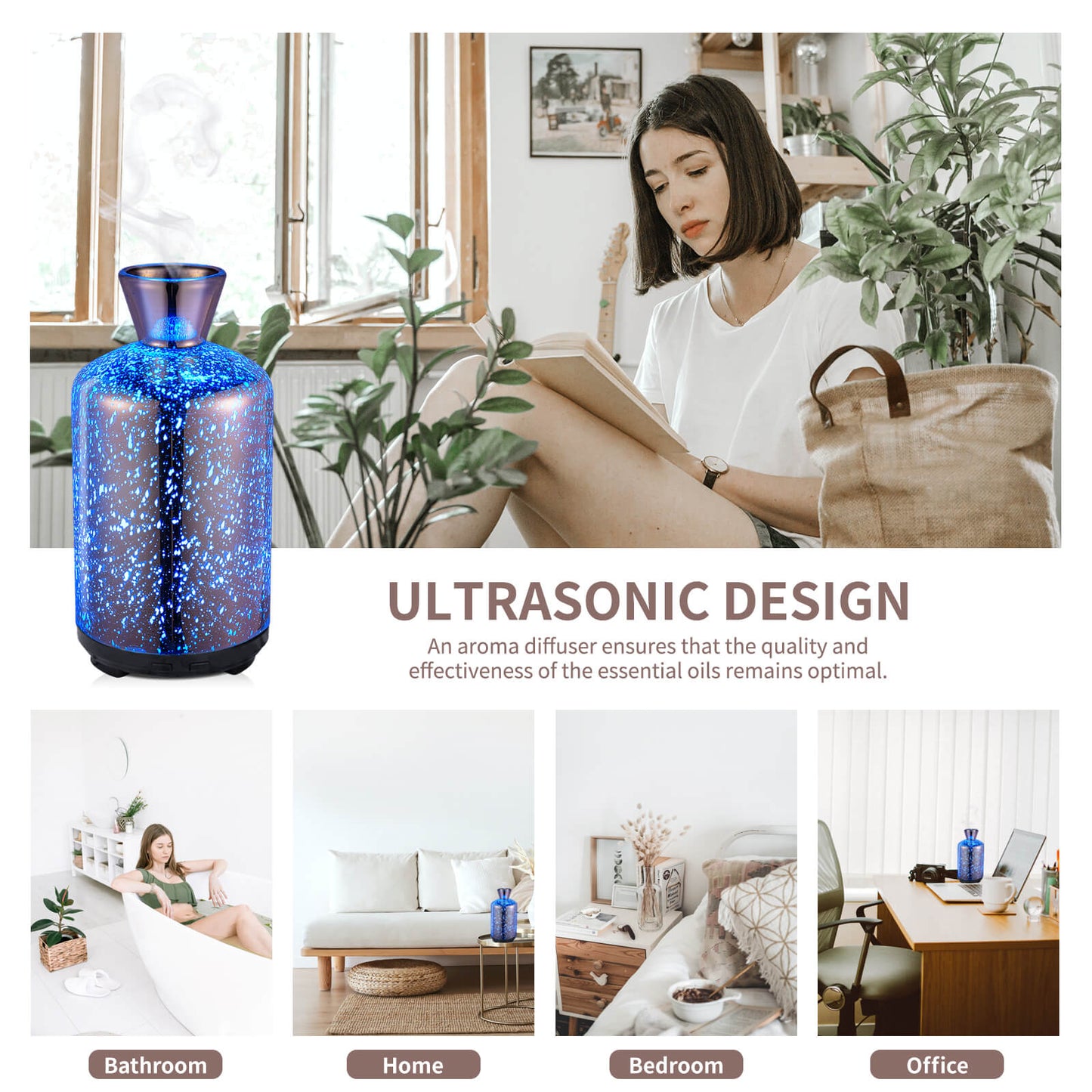 Essential Oil Diffuser Glass Aromatherapy Ultrasonic Humidifier, Auto Shut-Off BPA Free, Aroma Decoration for Home,Office,Gym,Spa,Premium Gift 100ML