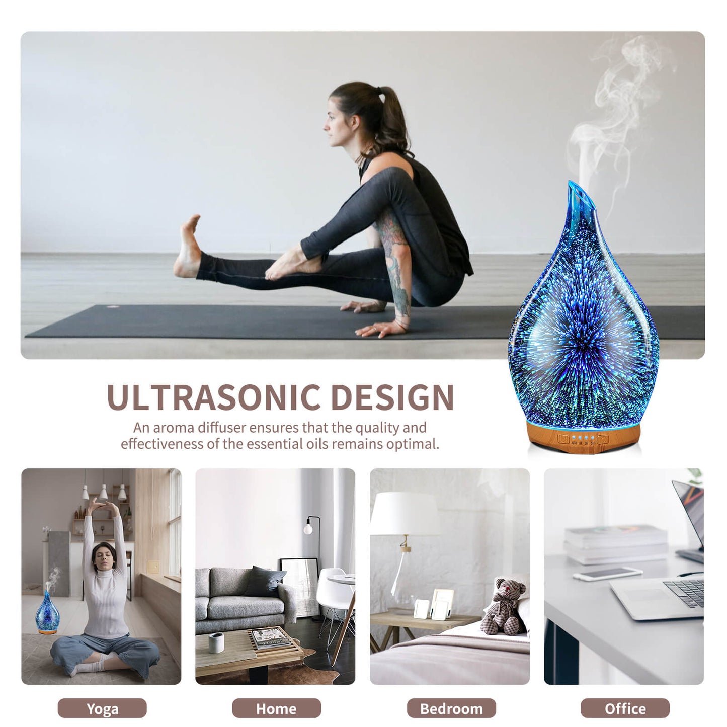 Porseme 280ml Essential Oil Diffuser 3D Hand-Blown Glass Aroma Diffusor, Aromatherapy Unltrasonic Cool Mist deffuser, 7 Color Changing Humidifier, Waterless Shut-Off, Timer Function for Home Office