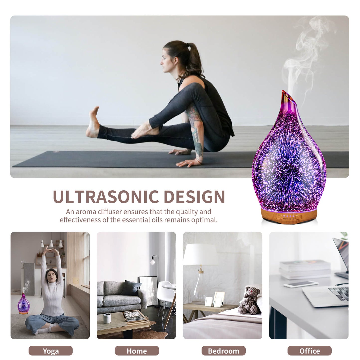 Porseme 280ml Essential Oil Diffuser, 3D Glass Aromatherapy Diffusor, Ultrasonic Cool Mist BPA Free Aroma Humidifier with Timer and Color Changing Function, Waterless Shut-Off for Home Office Room