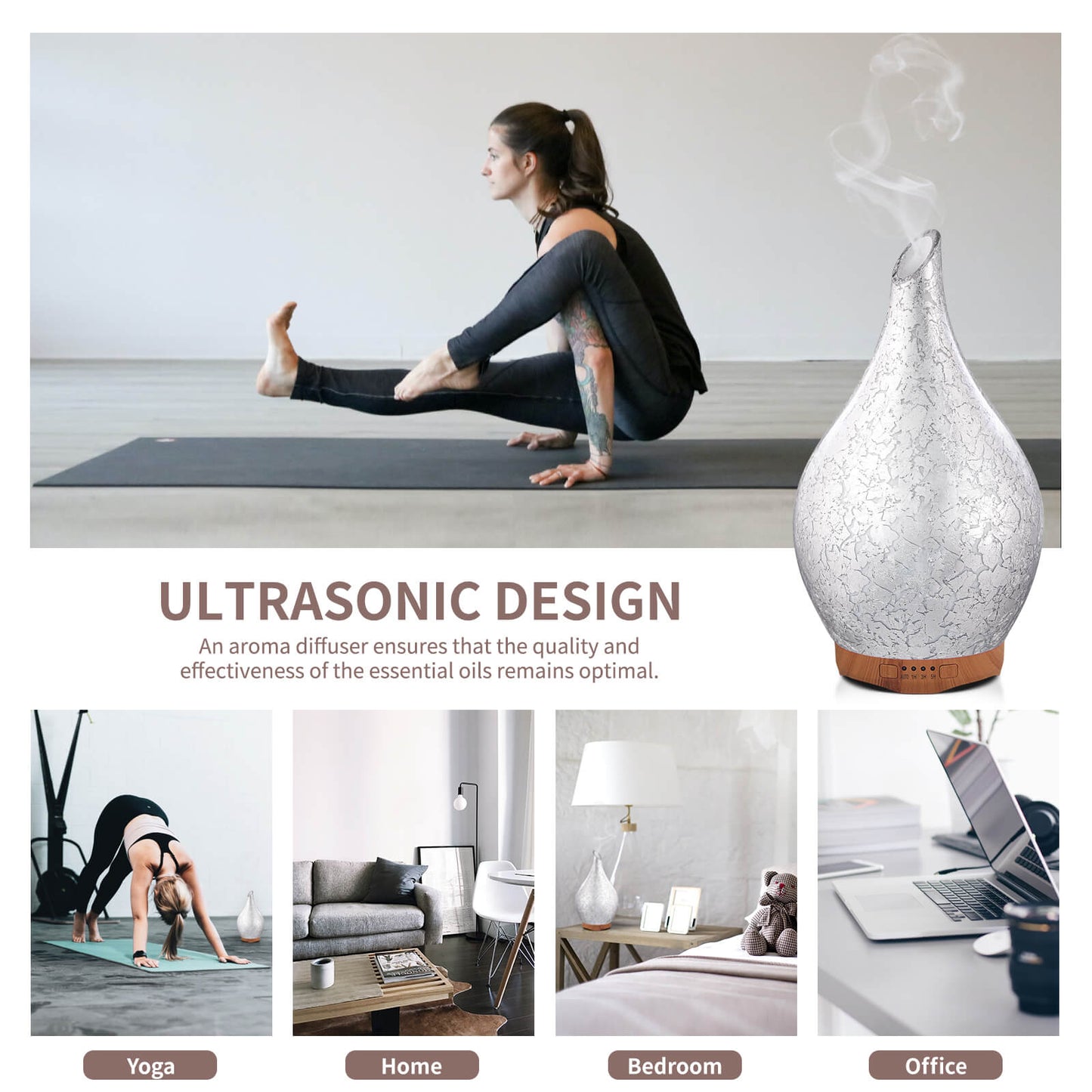 280ml Silver Plated Essential Oil Diffuser Glass Aromatherapy Ultrasonic Humidifier - Auto Shut-Off,Timer Setting, BPA Free for Home Yoga Leisure SPA Gift