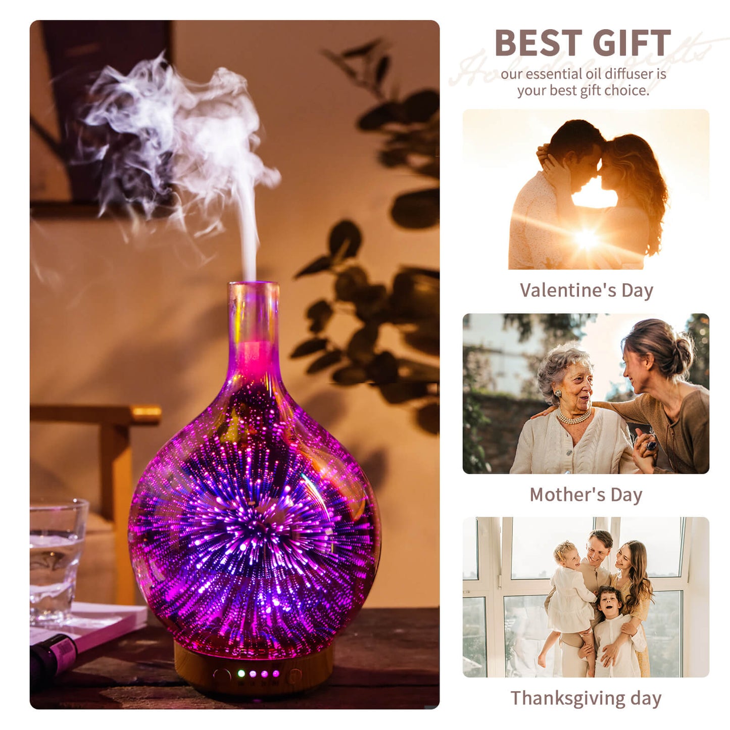 Rose Gold Essential Oil Diffuser 3D Glass Aromatherapy Ultrasonic Humidifier,Waterless Auto-Off,Timer Setting, BPA Free,Air Refresh for Home Hotel Yoga Leisure SPA Gift 100ml