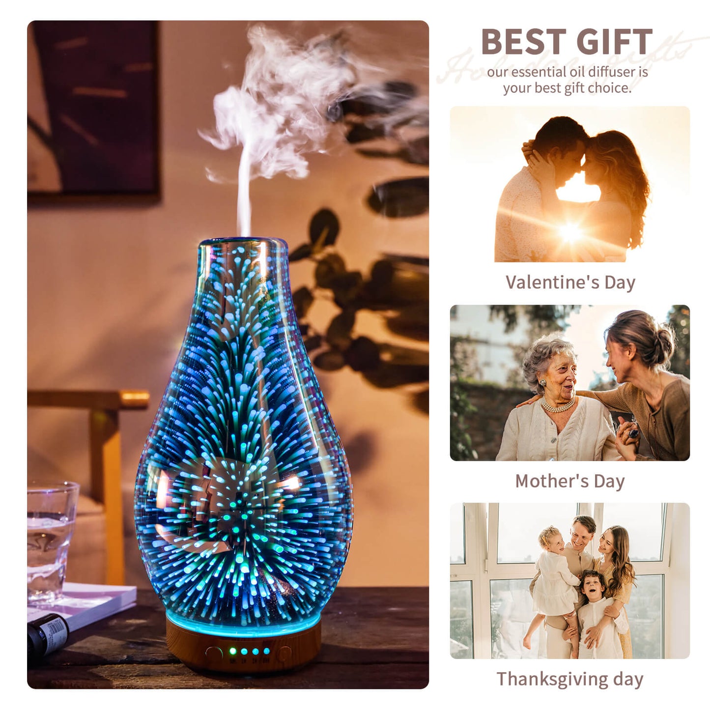 Essential Oil Diffuser 3D Glass Aromatherapy Ultrasonic Humidifier Cool Mist, Auto Shut-Off,Timer Setting, BPA Free for Home Office Hotel Yoga Gym Leisure SPA Gift 100ml