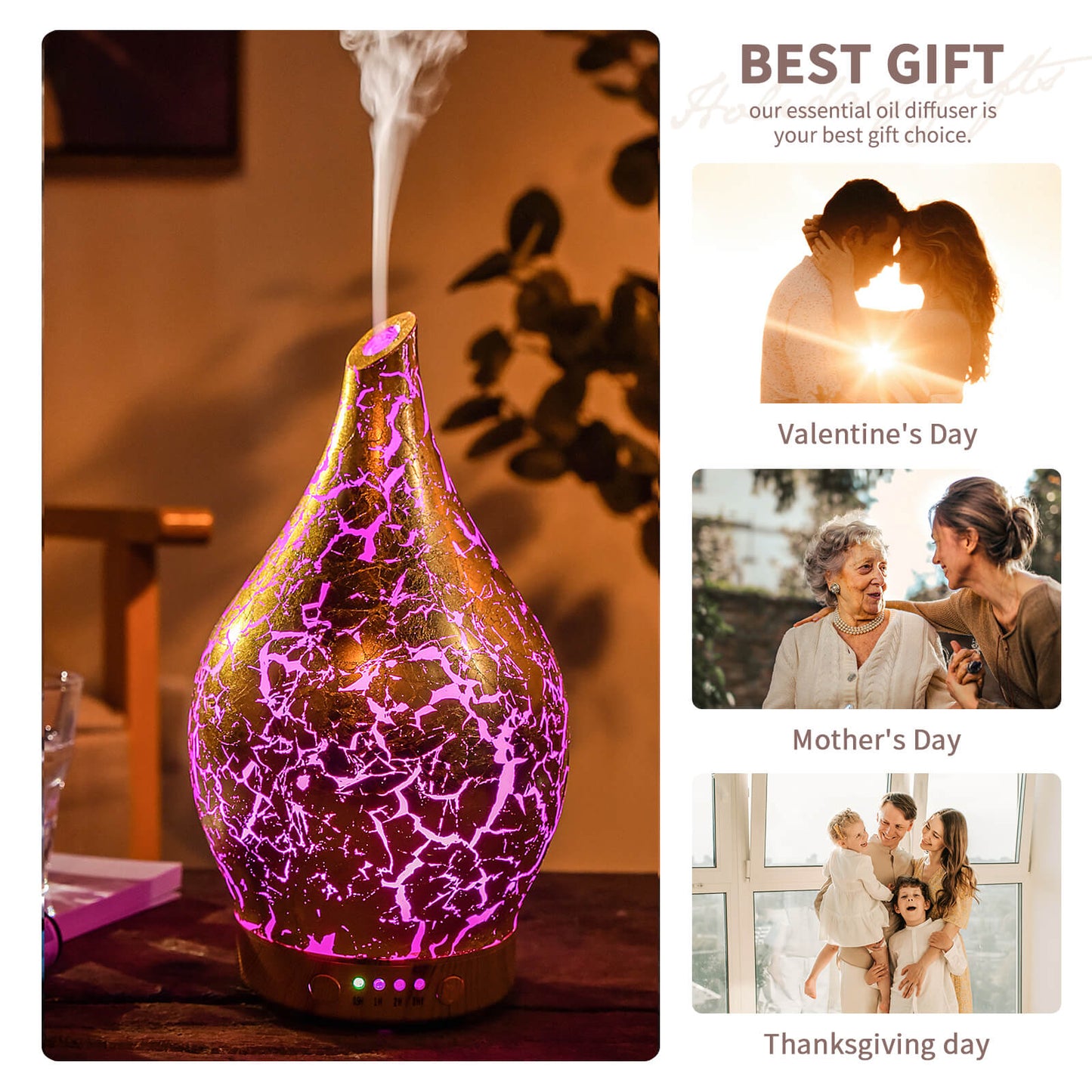 Essential Oil Diffuser Aromatherapy Diffusers for Therapeutic Oils - Ultrasonic Vase Cover & Elegant Gold Color- Air Humidifier for Sleep,Work,Study,Read,Yoga,Spa
