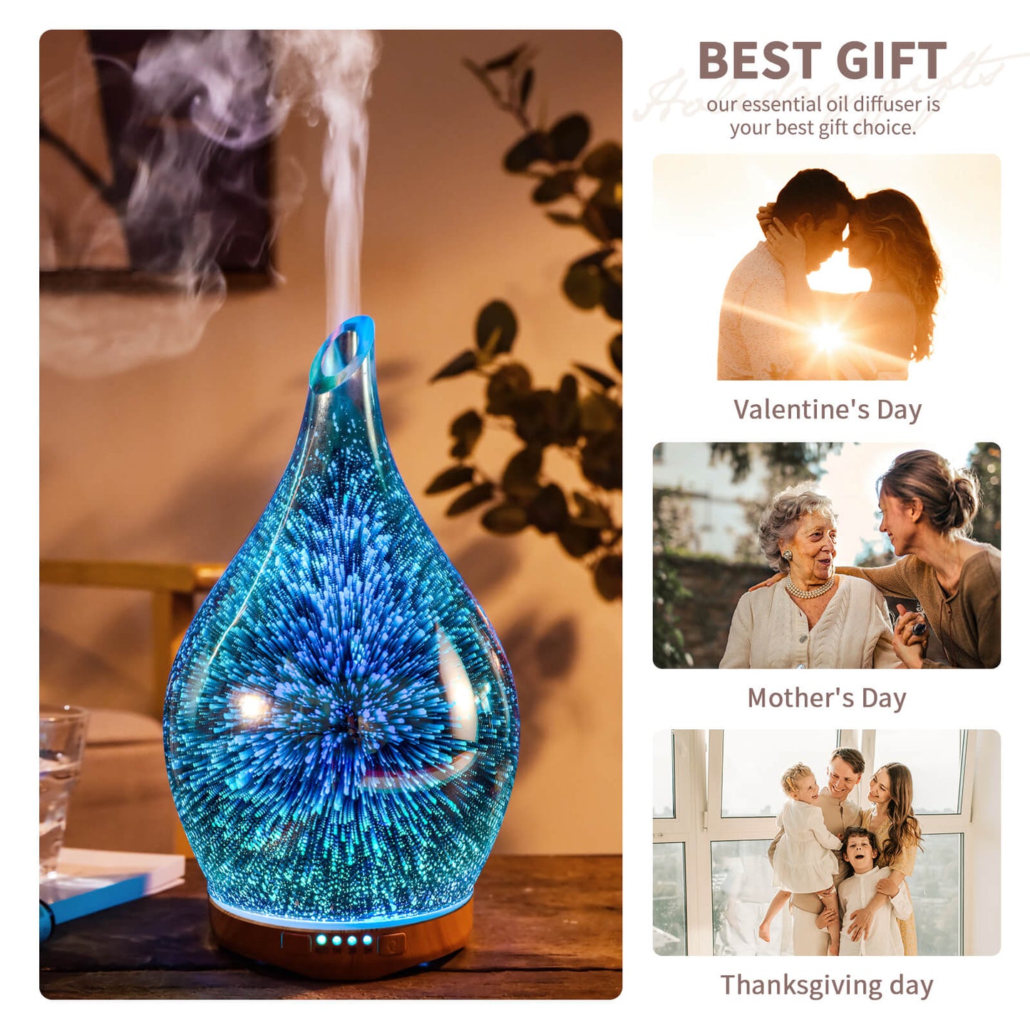 Porseme 280ml Essential Oil Diffuser 3D Hand-Blown Glass Aroma Diffusor, Aromatherapy Unltrasonic Cool Mist deffuser, 7 Color Changing Humidifier, Waterless Shut-Off, Timer Function for Home Office