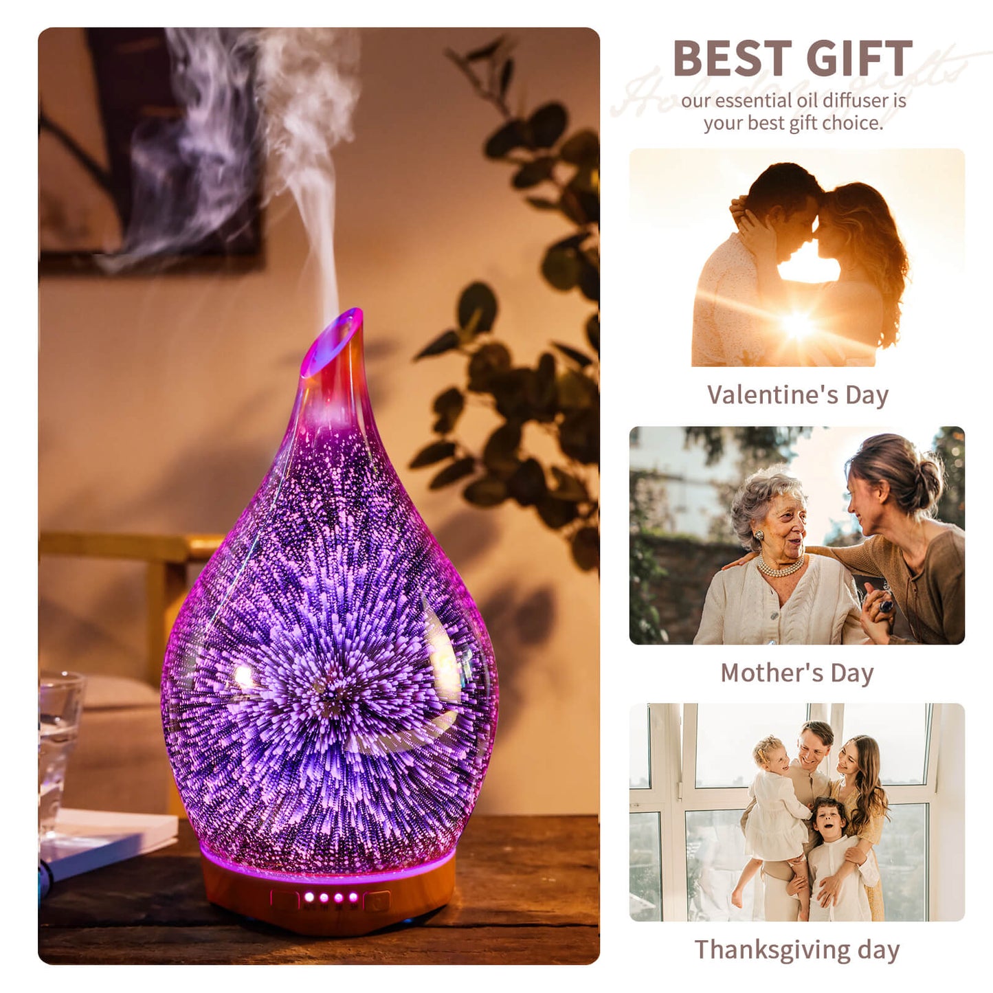 Porseme 280ml Essential Oil Diffuser, 3D Glass Aromatherapy Diffusor, Ultrasonic Cool Mist BPA Free Aroma Humidifier with Timer and Color Changing Function, Waterless Shut-Off for Home Office Room