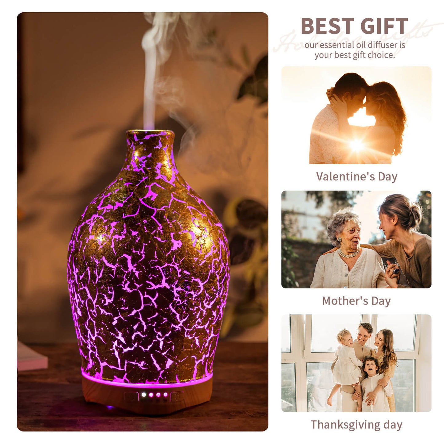 280ml Gold Plated Essential Oil Diffuser Aromatherapy Ultrasonic Humidifier,Night Light with Handmade Glass,BPA Free,Waterless Auto-Off,Timer Setting