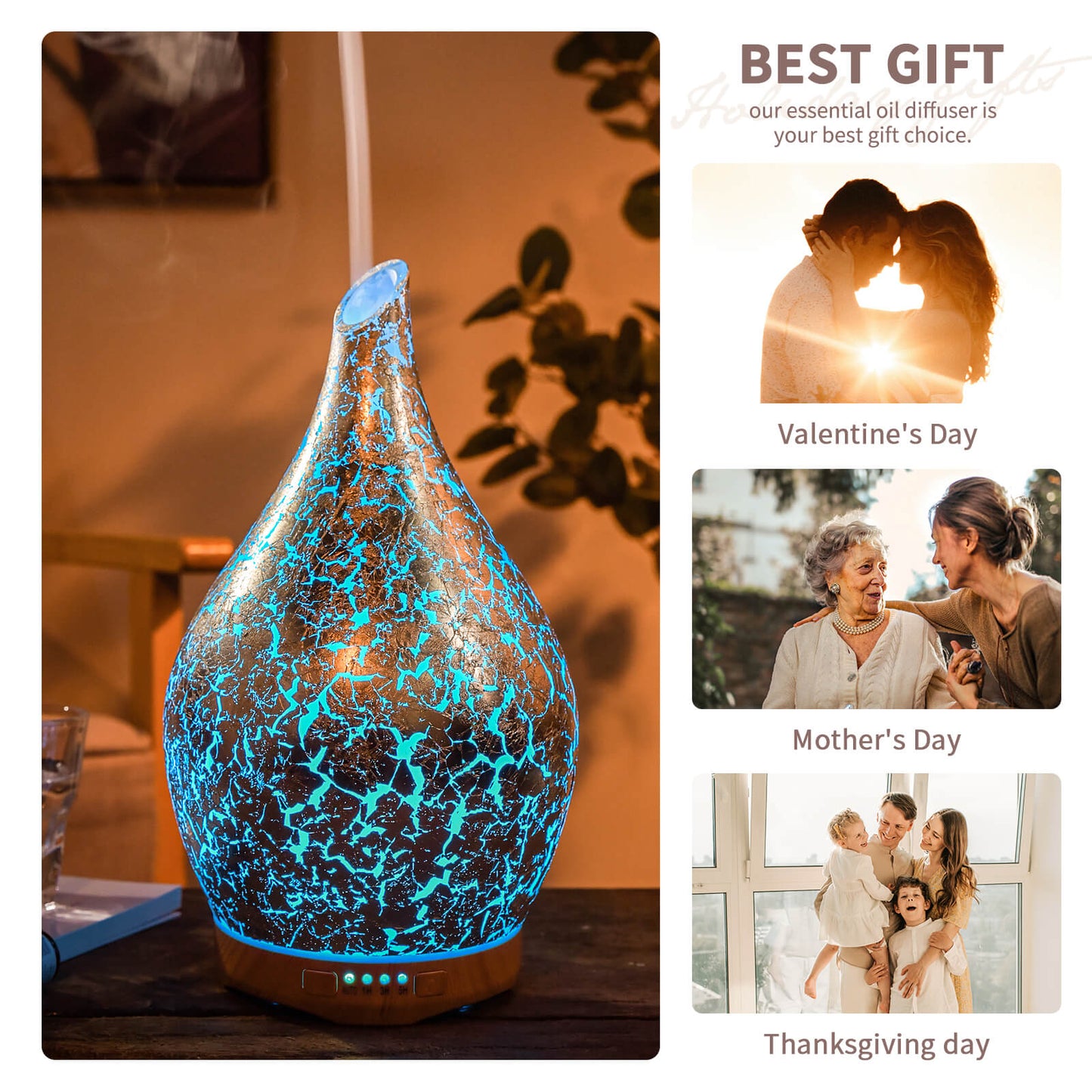 280ml Silver Plated Essential Oil Diffuser Glass Aromatherapy Ultrasonic Humidifier - Auto Shut-Off,Timer Setting, BPA Free for Home Yoga Leisure SPA Gift