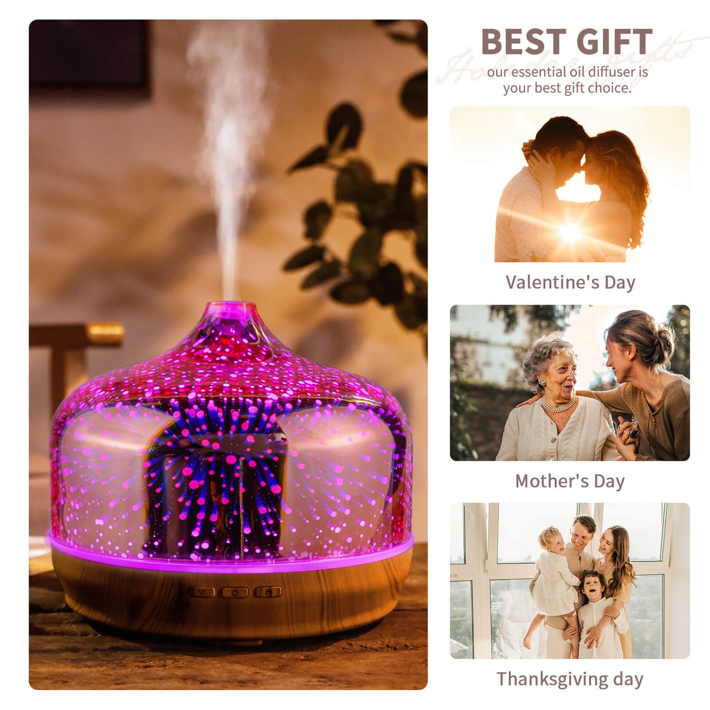 500ml Essential Oil Diffuser 3D Glass Aromatherapy Ultrasonic Humidifier-Auto Shut-Off,Timer Setting, BPA Free for Home Hotel Yoga SPA Gift