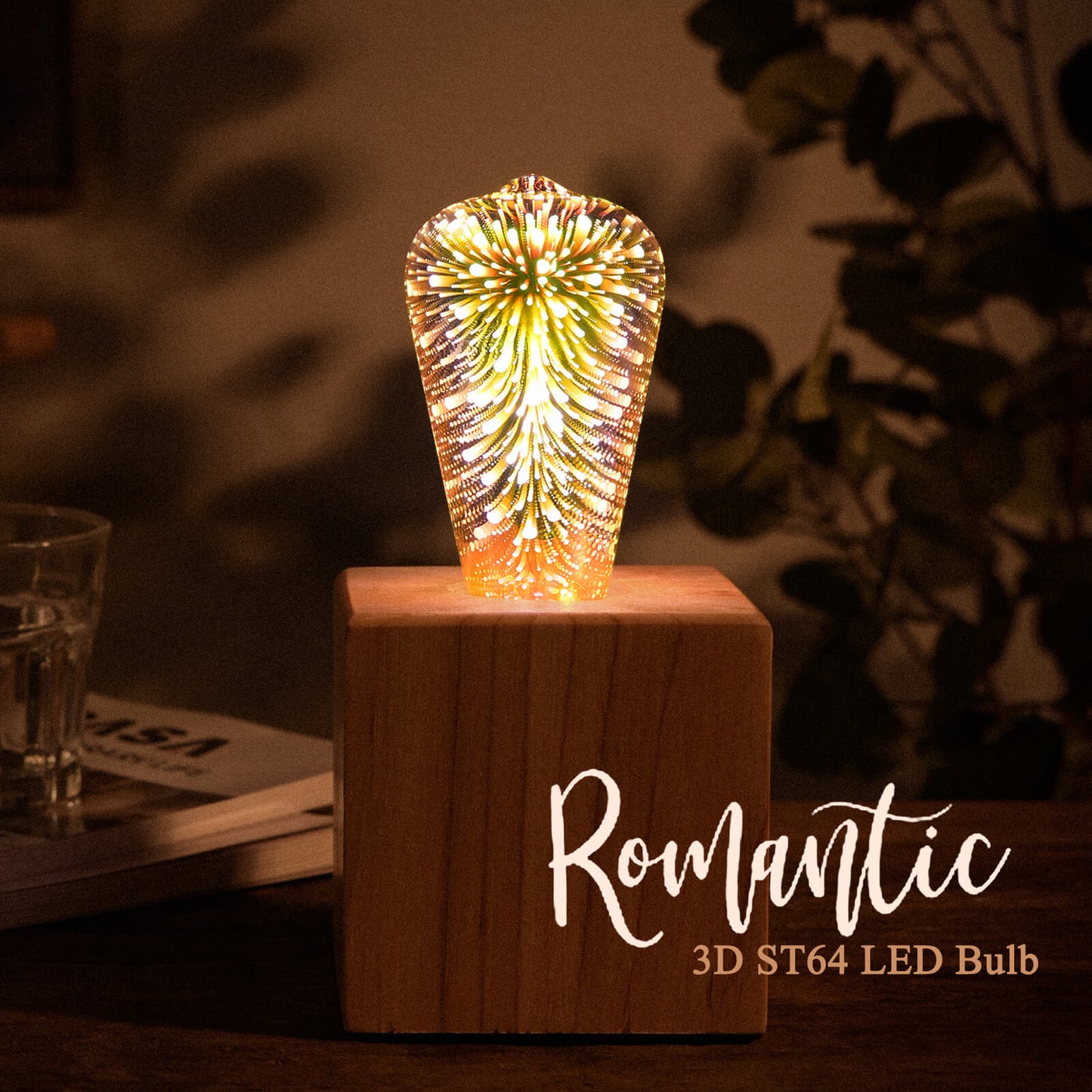 Porseme 3D Fireworks Decorative Light Bulb, E26 Base, 4W, AC100-240V, Glass bulbs with Soft Warm Light, Shiny Decor for Home, Bedroom, Party (Included 3-Pack ST64 Bulbs)