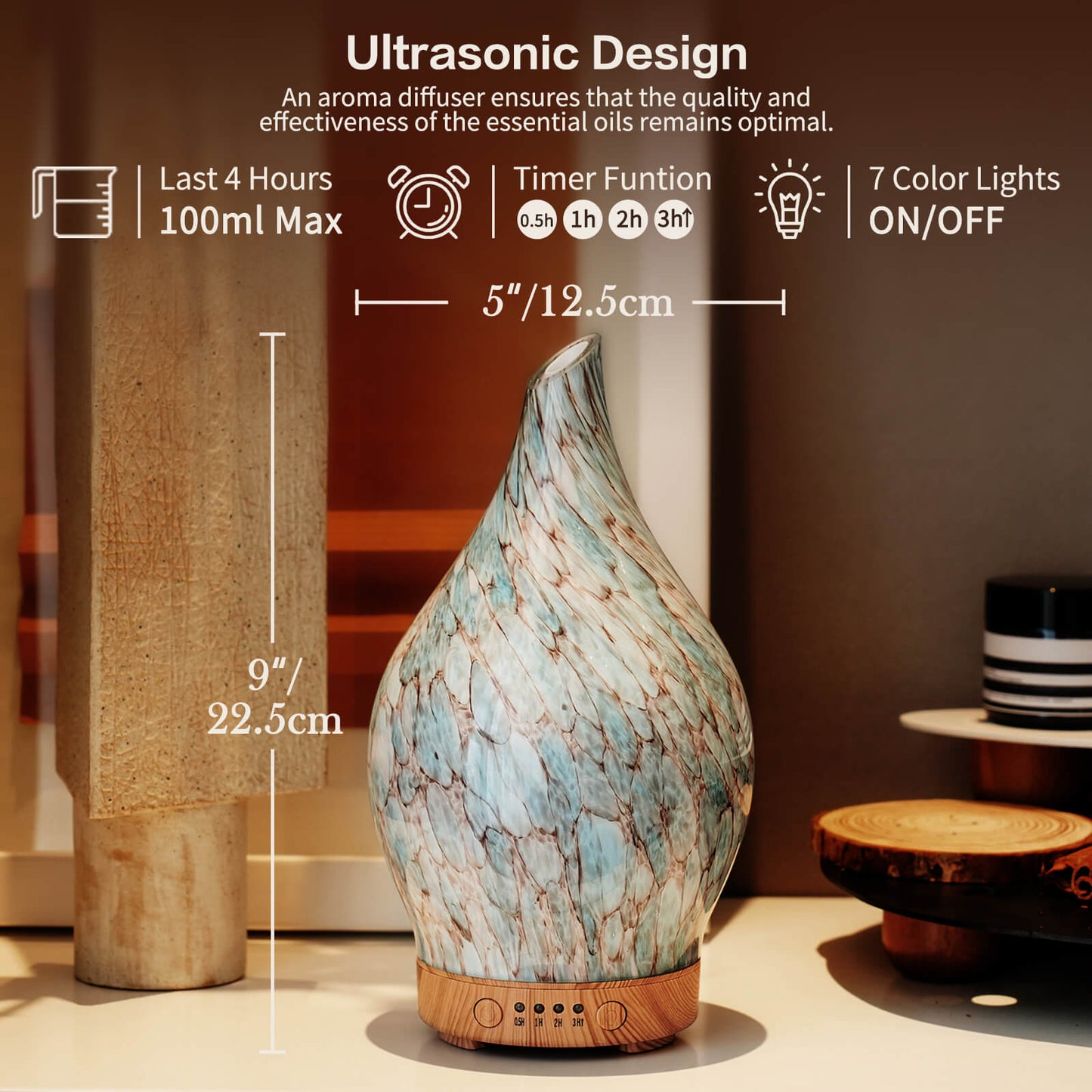 Porseme 100ml Glass Essential Oil Diffuser Aromatherapy Ultrasonic Cool Mist Humidifier 4 Running Hours Waterless Auto-Off Air Diffusers for Sleeping,Yoga,Office Working Spa and Rest (Light Blue)